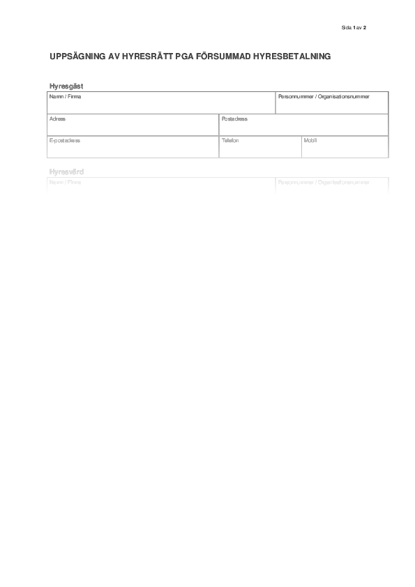 Uppsägning av hyresgäst för utebliven hyresbetalning