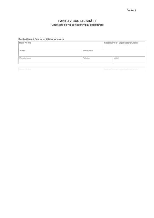 Underrättelse om pant för bostadsrätt